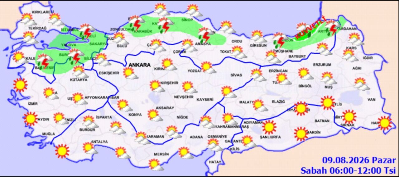 9 Agustos Pazar Turkiye Geneli Hava Durumu